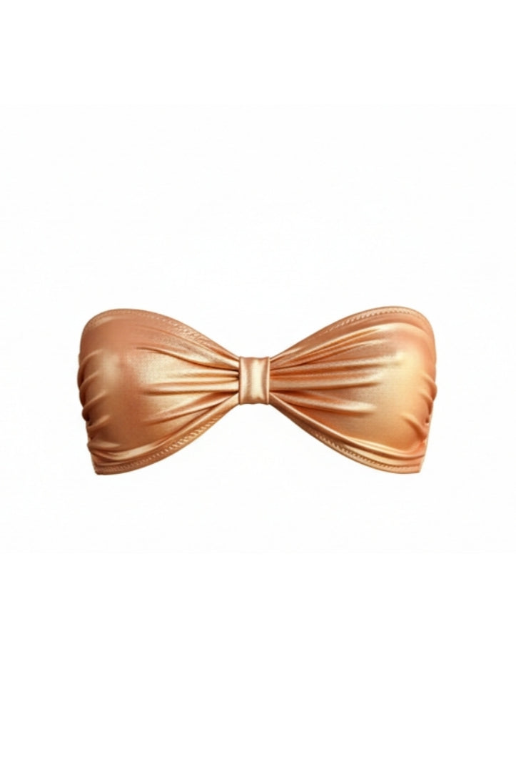 Top bikini bandeau cobre metalizado con fruncido central, colección Lumière