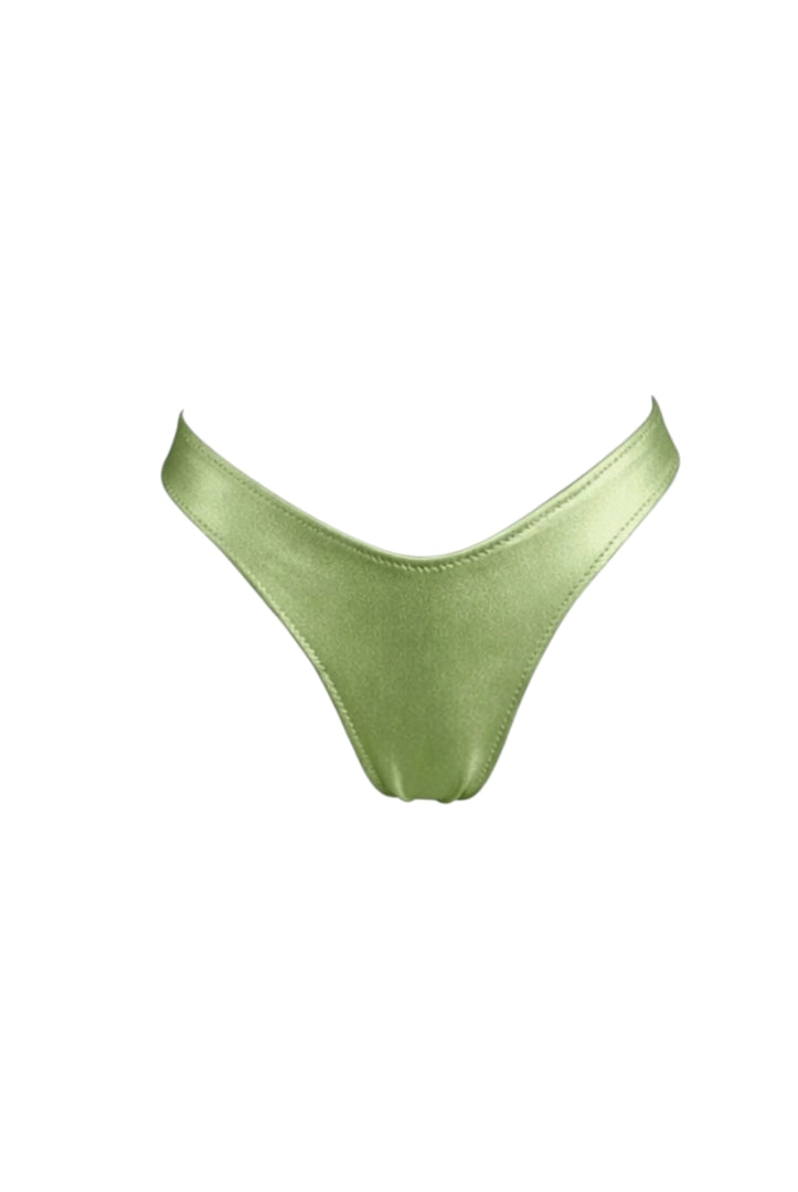 Braguita bikini verde claro metalizado de corte alto, colección Lumière