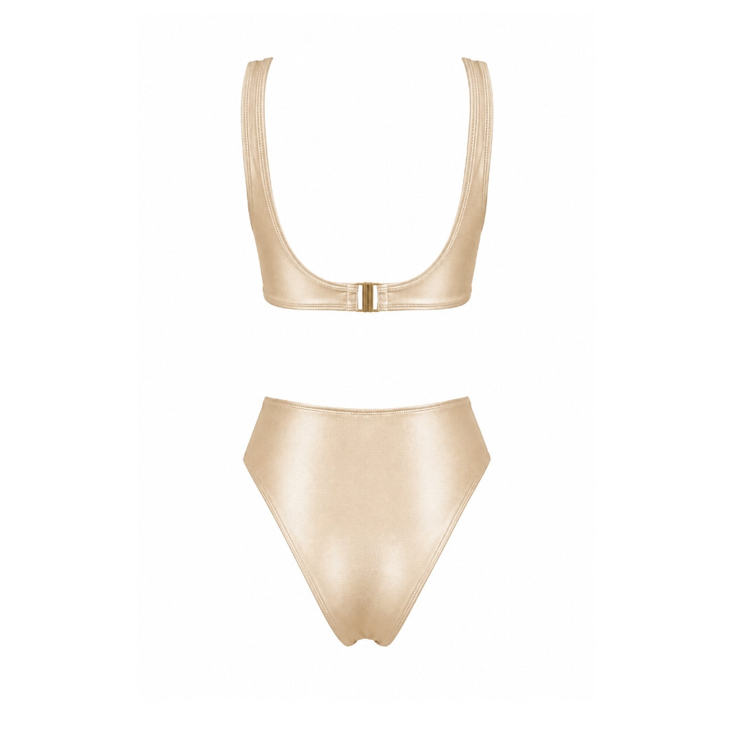 Amelié Lumière Light Gold bikini with high-waisted Brazilian coverage bottom, back view