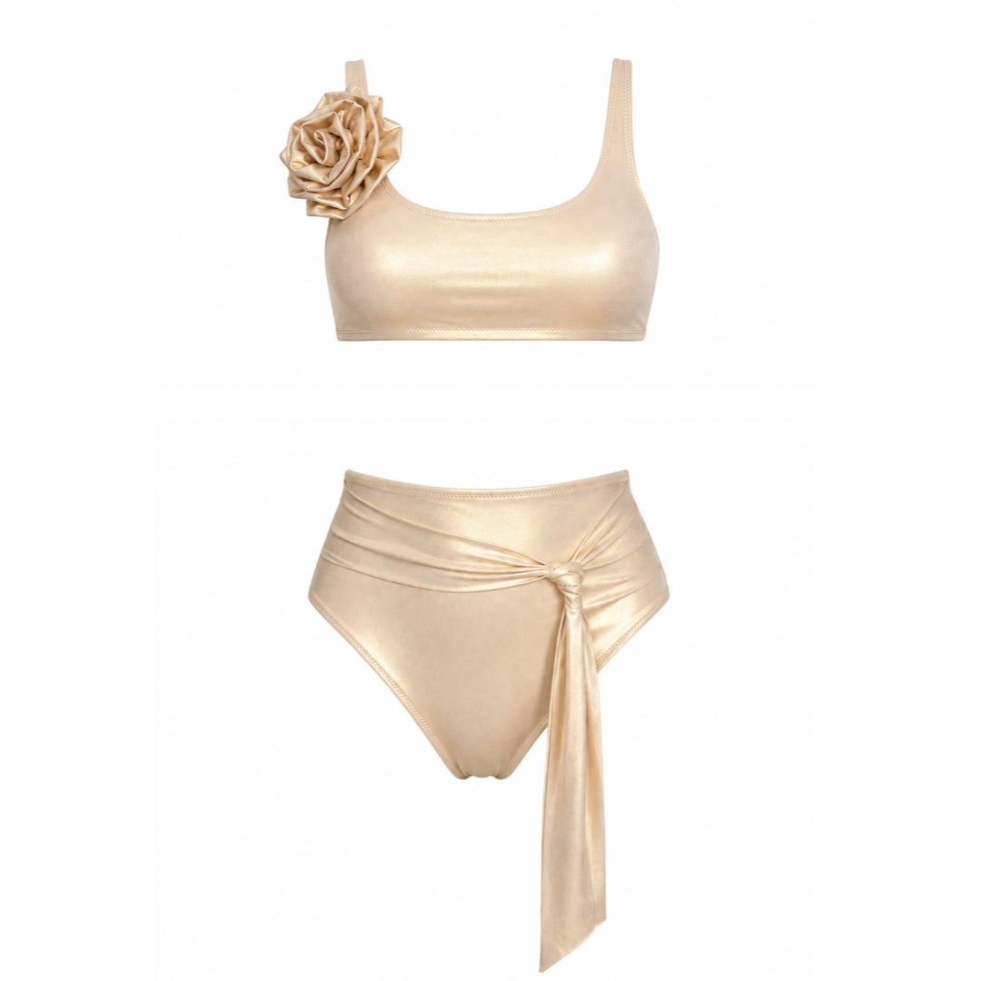 Amelié Lumière Light Gold bikini with flower detail and high-waisted tie-front bottom, front view