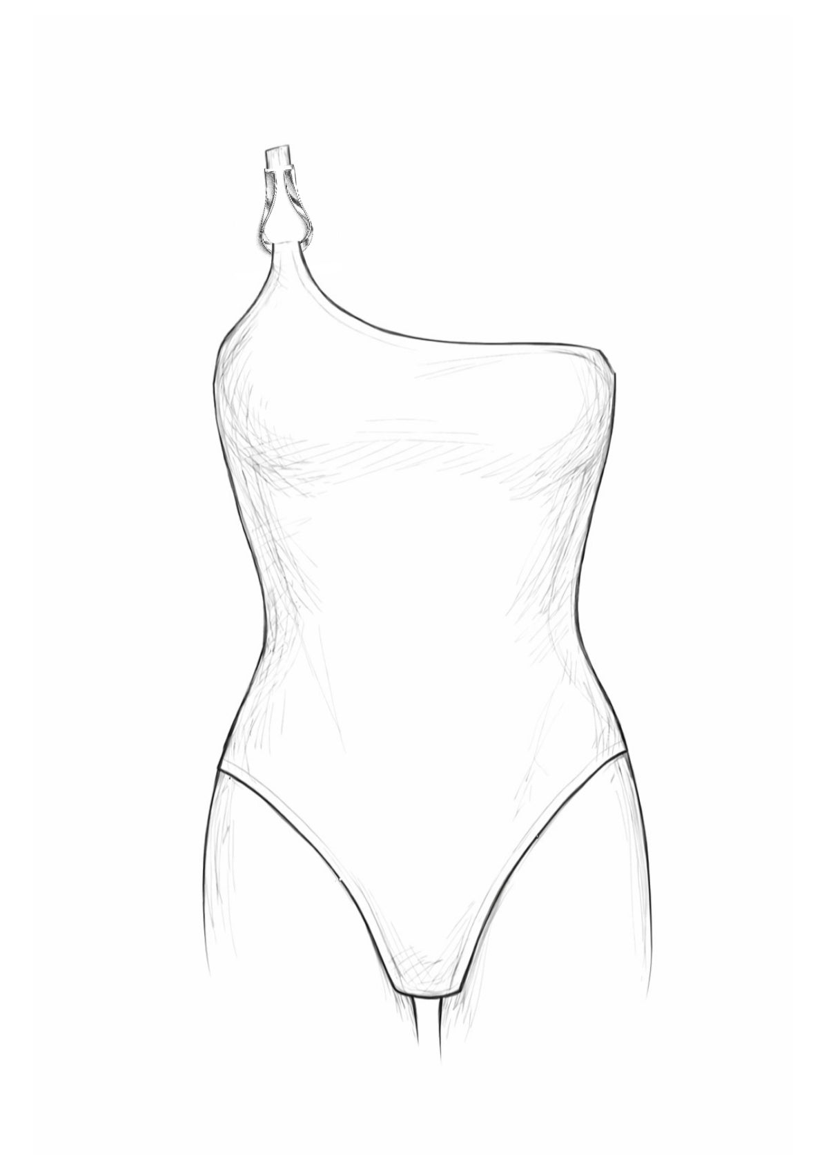Boceto de diseño de bañador asimétrico de un solo hombro con detalle de accesorio