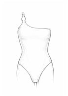 Boceto de diseño de bañador asimétrico de un solo hombro con detalle de accesorio