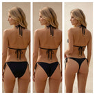 Black bikini bottom coverage comparison showing classic, brazilian and thong styles from the back
