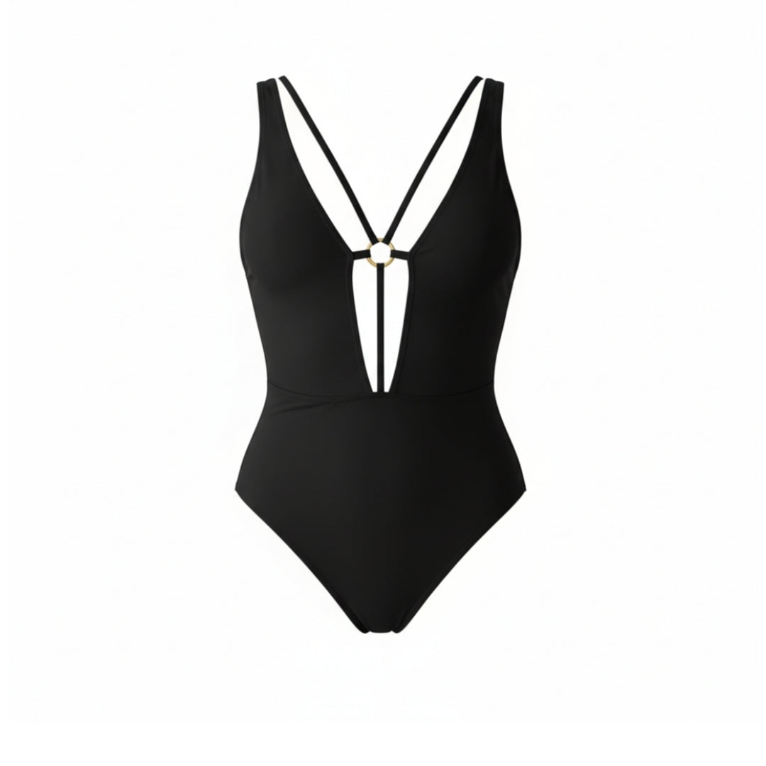 Bañador negro escote profundo con tirantes finos y detalle central con anilla dorada