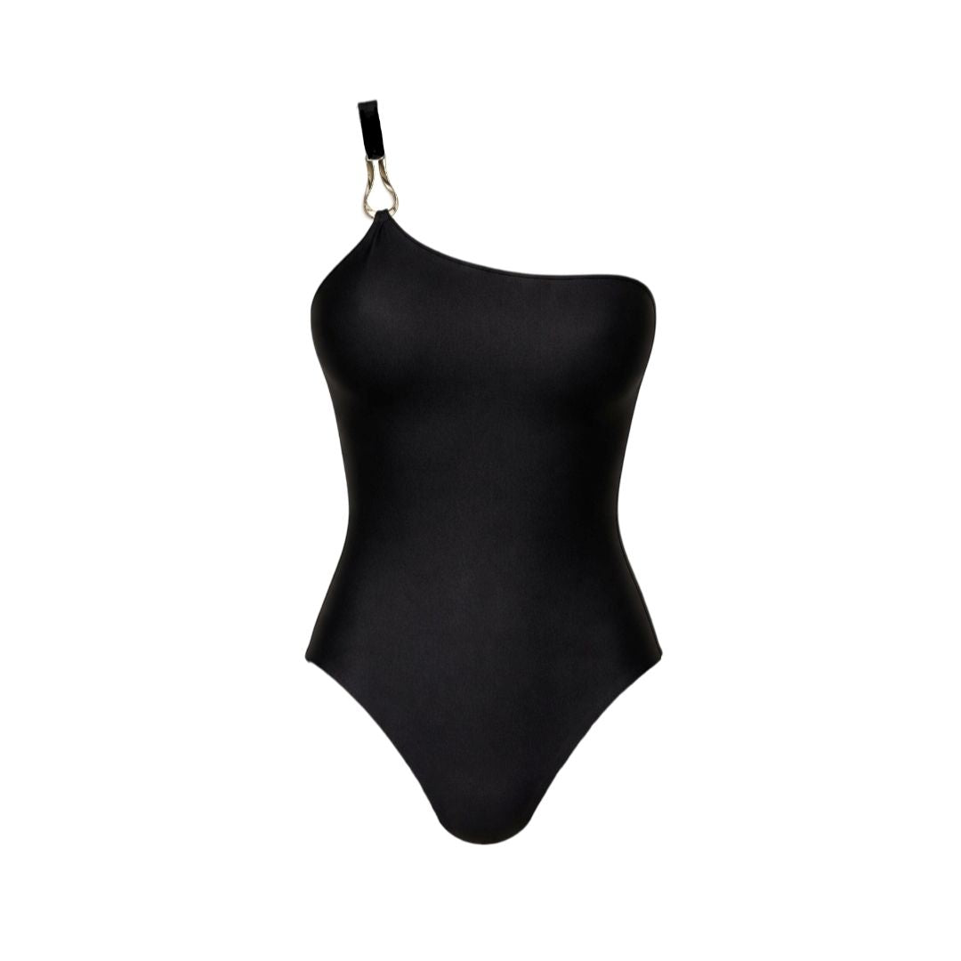 Black asymmetrical one-shoulder swimsuit with gold hardware detail on invisible mannequin, Nora Chantre Swimwear