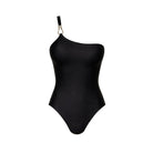 Black asymmetrical one-shoulder swimsuit with gold hardware detail on invisible mannequin, Nora Chantre Swimwear