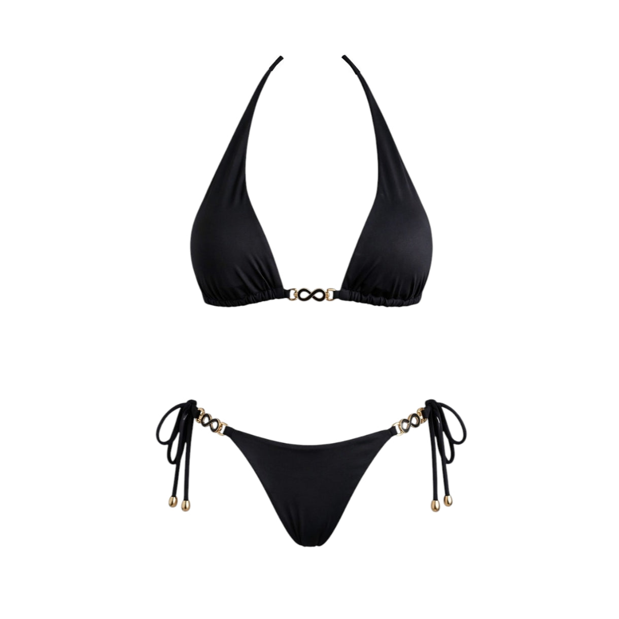 Black triangle bikini set with gold infinity connector detail and adjustable side tie bottoms on neutral background