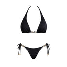 Black triangle bikini set with gold infinity connector detail and adjustable side tie bottoms on neutral background
