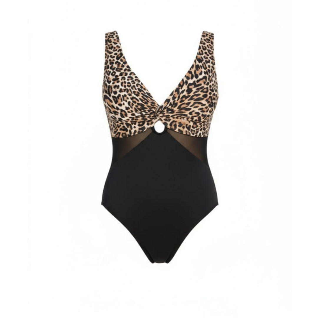 Bañador combinado leopardo y negro con escote en V, abertura central con anilla y paneles laterales de tul