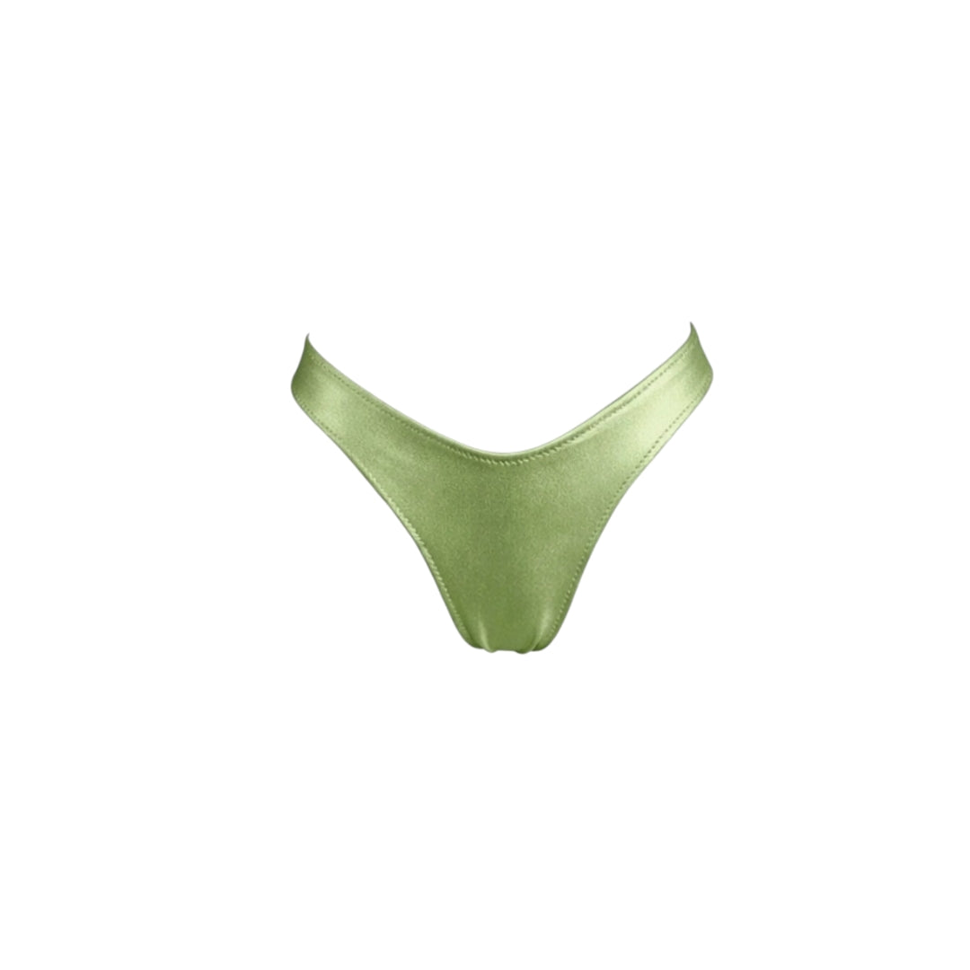 Braguita bikini verde claro metalizado de corte alto, colección Lumière