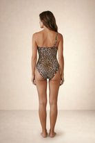 Leopard print one-shoulder swimsuit with low back and classic coverage, back view, Nora Chantre Swimwear