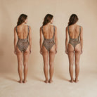 Leopard print swimsuit back coverage options by Nora Chantre showing classic, Brazilian and thong styles.