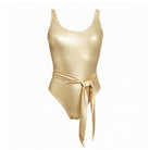 Metallic light gold one-piece swimsuit Lumière by Nora Chantre with waist tie belt.