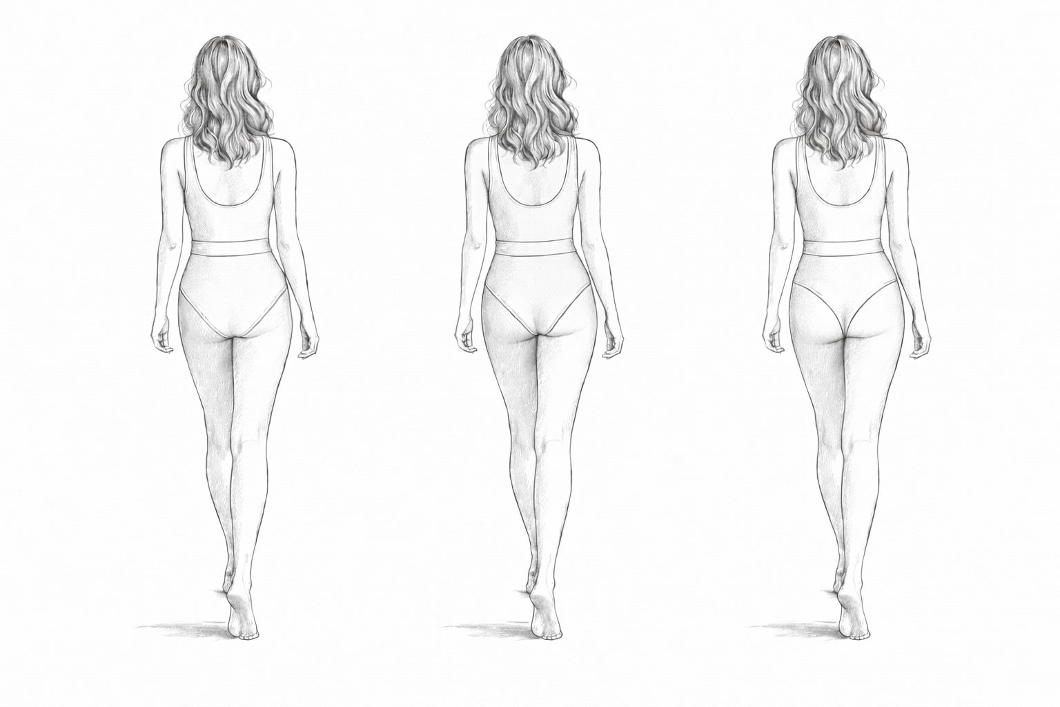 Back coverage guide for Nora Chantre one-piece swimsuits showing moderate, Brazilian and minimal coverage.