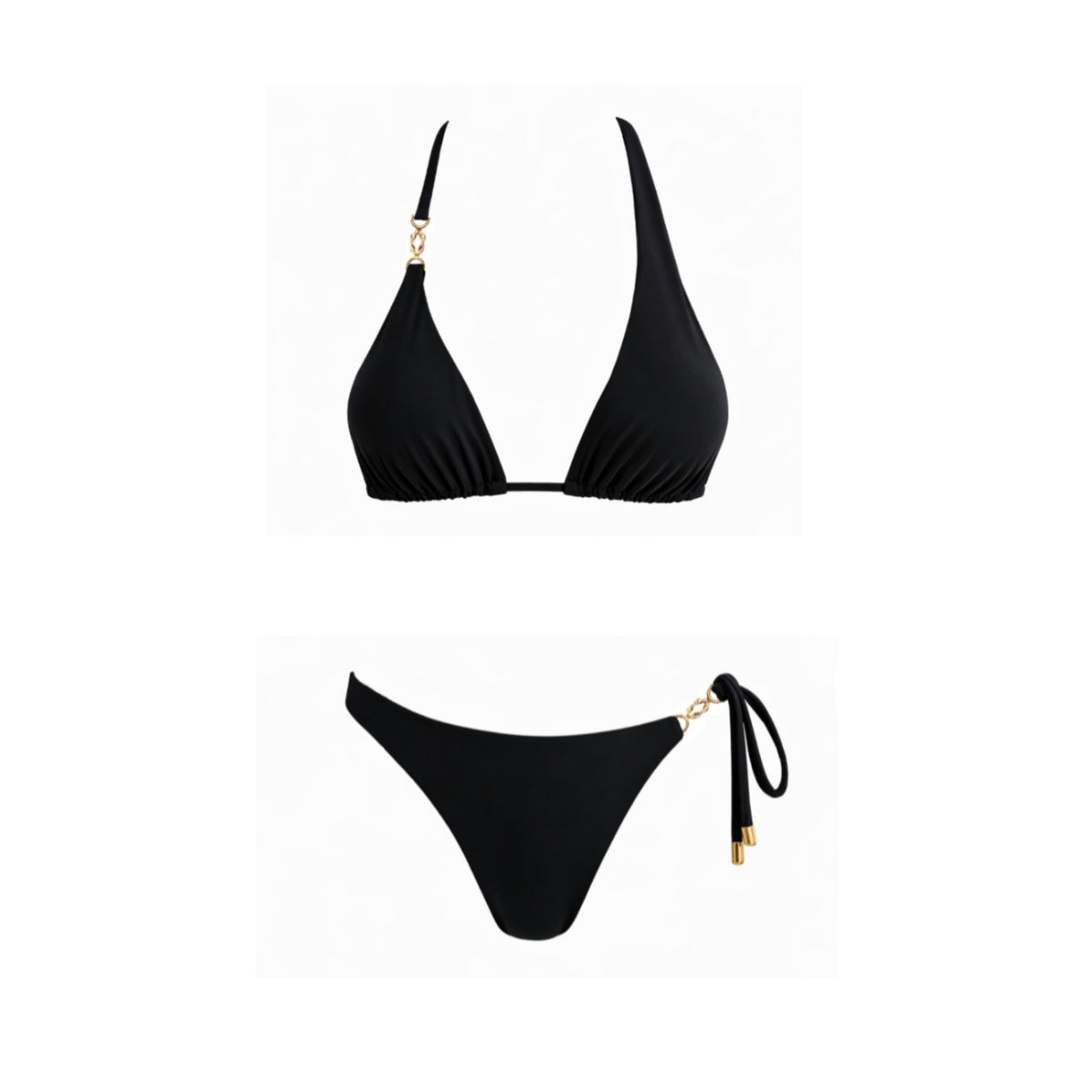 Bikini negro asimétrico con detalle dorado en un solo lado, top con doble tirante y braguita con ajuste lateral en un lado