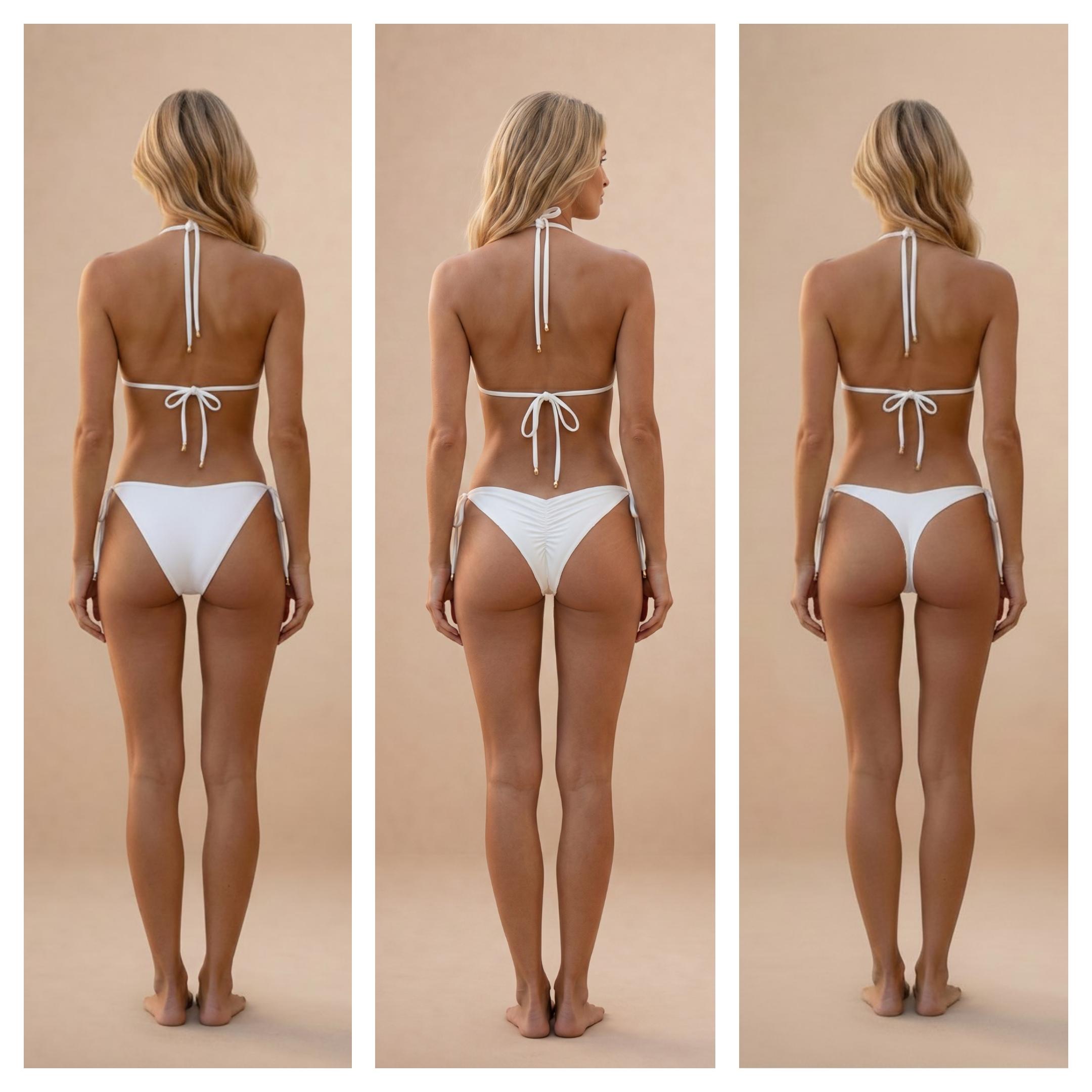 White bikini bottom comparison showing classic, Brazilian and thong coverage options
