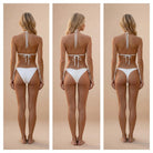 White bikini bottom comparison showing classic, Brazilian and thong coverage options