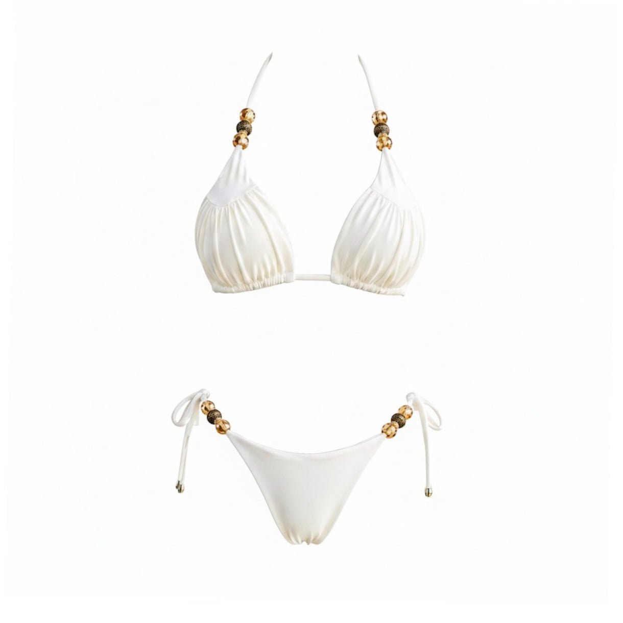 Pearl white triangle bikini set with gold bead details and adjustable ties, luxury swimwear made in Mallorca