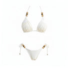 Pearl white triangle bikini set with gold bead details and adjustable ties, luxury swimwear made in Mallorca